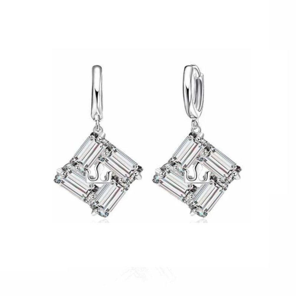 925 Sterling Silver Necklace And Earrings Set Square Drop Hoop - Picture 2 of 4